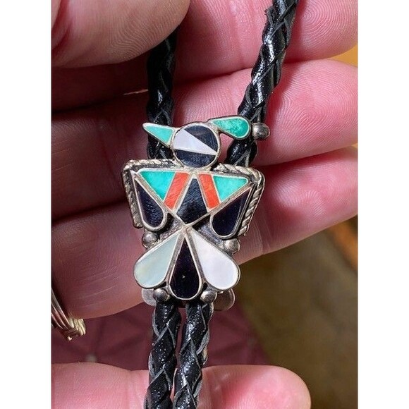 Bolo Tie Zuni Native American Jewelry Thunderbird Inlay Leather Silver Tips 38
